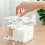 PRIME PICK Cotton Swab Holder, Acrylic Cotton Pad Holder, Qtip Holder With Lid, Cotton Rounds Holder With 4-Grid, For Bathroom Canister Storage Organization, Vanity Makeup Organizer