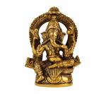Kartique Traditional Brass Ganesha Sitting on Singhasan Big Belly with Snake Idol