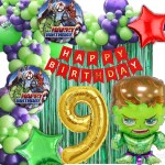 House of Banter Superhero Hulk Theme Birthday Decoration Pack for Boys / Girls / Kids Party 69Pc -60 Multicolor Balloons, 2 Green Curtain ( Green Superhero Birthday Theme Decoration Set ) 9th Birthday Celebration