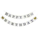 Festiko Happy 90th Birthday Banner, Gold Glitter Heart For 90 Years Birthday Party Decoration Bunting White