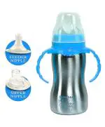 Domenico World Baby Feeding Bottle In Stainless Steel Rganic Kidz High Grade Stainless Steel 2 In 1 Sipper And Feeding Bottle With Silicone Nipple For Baby (Blue - 290 Ml)