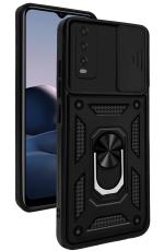 Jkobi Back Cover Case for Vivo Y20 | Y20i (Tough Hybrid Armor | Ring Holder & Kickstand in-Built | Sliding Shutter Protection | 360 Degree Protection | Carbon Black)