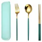 Hasthip Green Fork Spoon Chopsticks, Portable Utensils With Box, Travel Camping Cutlery Set (Pack Of 3)