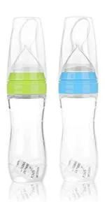 Ineffable Rice & Cereal Feeding Bottle for Baby with Buit-in Squeezy Silicone Spoon Feeder & Hygine Cover - 120 ml (Blue+Green)
