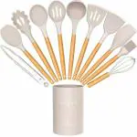 12 PCS Silicone Cooking Kitchen Utensils Set with Holder Wooden Handles Kitchen Gadgets Utensil Set for Nonstick Cookware Heat Resistant BPA Free Spatula Set with Turner Tongs,Spoon , Green