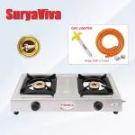SURYAVIVA NEO 2B SS(Hose Pipe + Lighter) 2 Cast Iron Burner(Silver) Stainless Steel Manual Gas Stove