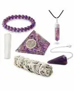 Reikved Amethyst Healing Crystals Set Kit Orgone Pyramid Good Luck Bracelet Dowsing Pendulum Whitesage Selenite Palo Santo Stick (Pack Of 599)