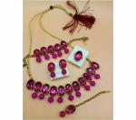 Gyaan Jewels Handmade Gold Plated Alloy Necklace, Maang Tikka, Earring and Bracelet Set Purple (Women, Girls) Free Size