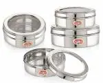 NIRLON Stainless Steel Flat Canisters/Puri Dabba/Storage Containers With See Through Lid, Set of 4, 400ml,600ml,850ml,1l