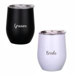 Giftana Bride and Groom Tumbler 350ml, Stainless Steel Insulated Bride Gifts Wine Tumbler from Bride Groom, Wedding Announcement Gift for Bridesmaid and Groomsmen ( Black, White, Pack of 2)