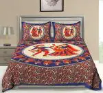 UniqChoice Blue Jaipuri 100% Cotton Double Bedsheet with 2 Pillow Covers 215 x 240 cm (1_ Blue_ 89)