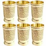 Prisha India Craft Pure Brass Mughlai Style Embossed Design Glass 250 ML, Set of 6