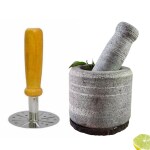 Kerala Traditional Ayurvedic 5 inch Stone mortar and pestle with Rubber Base and Wooden Potato Steel Masher