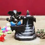 Craftam Dark Blue Poly Resin Ganpati Deva Smoke Backflow Fountain Incense Holder with 20 Free Backflow Cones