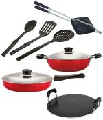 NIRLON Red Non Stick Coated Aluminium Set of Deep Kadhai-24 cm, Round Tawa-28.5 cm, Hand Toster, Flat Tawa-27 cm and 3 x Spoon (Pack of 7)