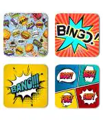 Whats Your Kick Funny Vectors Bang Woof Bingo And Bam Ouch Quotes Printed Set of 4 Coaster With Metal Stand