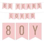 Festiko Blush Pink With Faux Rose Gold Glitter Birthday Banner Decorations, 80 Years Loved, Approx 5, Feet, 1, Set, 80th Birthday Milestone Colored Hanging Pennant Decor Supplies