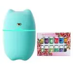 TLISMI 3-in-1 USB Powered Cute Cat Styled Small Cool Mist Air Humidifier Ultrasonic Aroma Diffuser & Set of 12 Water-Soluble Plant Essential Oils Colorful Night Light with 2 Modes for Home, Office