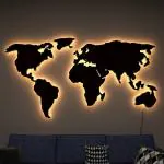 Euro Crystal World Map Backlit Wood Wall Décor / Night Light, Walnut Finish