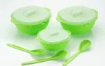 LOOZITO Plastic Serving Bowls with Lids & Spoons Set, Microwave Safe, Dinner, Curry, Color- Green, 9 Piece