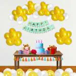 1iAM Happy Birthday Decoration Items | 60pcs Balloons, 1pc Green Banner & 1pc Arch for Husband, Wife, Baby, Boy, Girl, Girlfriend, Boyfriend Birthday Party Decoration (Golden & White | Pack of 62)
