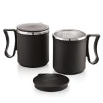Stainless Steel Flute Black Mug With Lid, Plastic Layer, 300ml Pack of 2