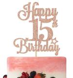 Festiko Happy 15th Birthday Cake Topper, Cheers To 15 Years, Hello 15, 15th Birthday Anniversary Party Decorations Rose Gold Glitter