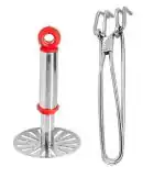 URBAN BUY Stainless Steel Pav Bhaji Masher With Stainless Steel Wire Pakkad Tongs and Multicolour, Pack of 2