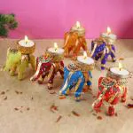 Homeleven 6 Piece Tealight Candle Holders Set for Diwali Handmade Elephant Candle Stand Diwali Decorations Multicolor