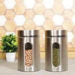 GRETZOMALL Glass Food Storage Containers with Airtight Steel Lid 900ml - Visible Window Kitchen Spices Storage Canister Set For Tea Coffee & Sugar - [ Pack of 1]