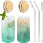 WEZOSHINET Wooden Can Shaped Glass Drinking Glass with Bamboo Lids Glass Straw Temperature Resistant Drinking Glass Tumbler Cups for Beer, Juice, Soda, Coffee, Smoothie, Cocktail (Pack of 2)