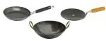 Olrada Iron 3-Piece Cookware Set ( 9inch Fry Pan , Wooden Handle Tawa, 10inch Kadhai )