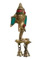eCraftIndia Embossed Brass Lord Ganesha Wall Hanging with Stone Work, 3 Bells & Diya 11 x 7 x 23 cm