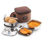 JVL Silver Stainless Steel Small Square Round Double Layer Leakproof Tiffin Box With Inner Plate