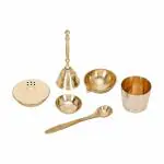 Mkd2 Rise Brass Pooja Bell/Ghanti, Diya, Roli/Kumkum Katori, Dhoop Agarbatti Holder and Panchamrut Set for Puja Room (Each 1, Set of 5)