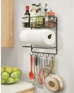 AFLECT Wall Mount Paper Towel Holder with Storage Shelf and Hooks for Kitchen, Laundry, Pantry, Bathroom | Black