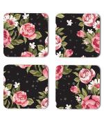 Whats Your Kick Flowers Beautiful Vector Pink Roses Flower Design Printed Set of 4 Coaster With Metal Stand