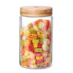 Treo Glass Tranpsarent Hi Borosilicate Round Jar With Wooden Lid - 1100 Ml