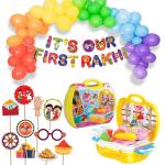 Festiko Set of 37 Pcs It's Our First Rakhi Combo (Banner, Balloons, Photobooth Props, Kitchen Set Toy Princess), Raksha Bandhan Decoration Combo