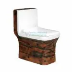 Vardhman Ceramics Designer One Piece Western Commode Toilet Water Closet EWC Floor Mounted S Trap 225mm / 9 Inch Multi Color Wooden Finish - Battle-03