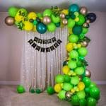 SPECIALYOU.IN Jungle theme Happy Birthday Decoration for boy's includes Dark Green, Yellow, Metallic Gold and Light Green Balloons with Net curtains and fairy light Pack of - 64 Items