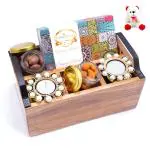 Jaiccha Valentines gift-Wooden Cutlery Stand with T-lites, Bites, Crunchy Cashews, Chocolate Coated Almonds with Teddy 290 gram