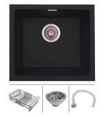 Zinzer Black Quartz Kitchen Single Bowl Model Kitchen Sink With Drain Coupling, Basket, Drain Pipe And Installation Template, 16 X 18 X 8 Inch