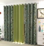 Ultica Fab 7Ft Curtains for Door | Printed Panels and Drapes for Decoration | Curtains for Living Room Kitchen Hall, 4 x 7 Feet, 2 Green Tree + 1 Plain