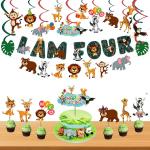 Festiko 32 Pcs Jungle Theme Banner, Cake, Cupcake Toppers, Swirls With Cutouts, Jungle Theme 4th Birthday Supplies