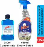 Niks Glass Cleaner Concentrate 250ml Bottle makes 5 Litters Strong Glass cleaner at home. By just adding 5 Liters water. (With 650ml Empty Spray bottle)
