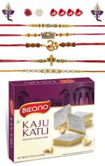 Feastive Celebrations Bikano Kaju Katli With 5 Blessed Rakhis, Pair Of Ganesha Soan, Pooja Rakhi, Kesar And Chawal, 250 Gm (Set Of 4)