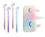 Combo of 4 Pcs Unicorn Pencils and 1 Unicorn Fur Pouch Pencil Case Zipper Closer Soft Pencil Pouch with 4 Pencils Unicorn Stationery 5 Pcs