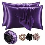 ZULLIVELLY Satin Bonnet for Curly Hair with Free Silk Satin Pillow Covers and Scrunchies | Silk Bonnet for Hair|Best Gift Combo of Pack of 2 Satin Pillowcases with 3 Silk Scrunchies Adjustable HairCap | Size-18x28 | Dark Purple