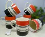 LA TABLEWARE Classic Black & Red Stripes Ceramic Coffee Mug 300 ml (Set of 6)